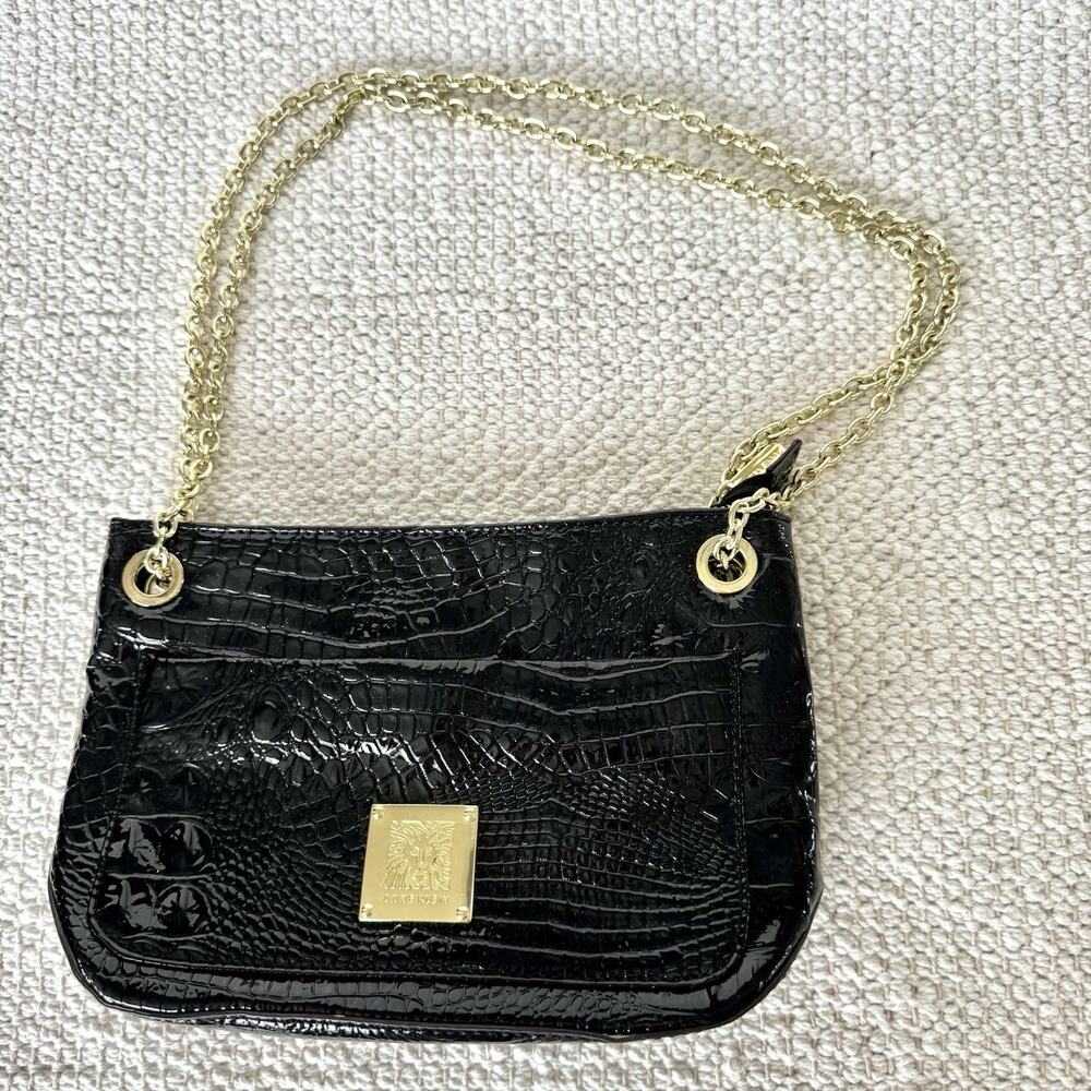 Anne Klein Handbag Purse - Black Patent Leather & Gold Chain Strap - Medium Size